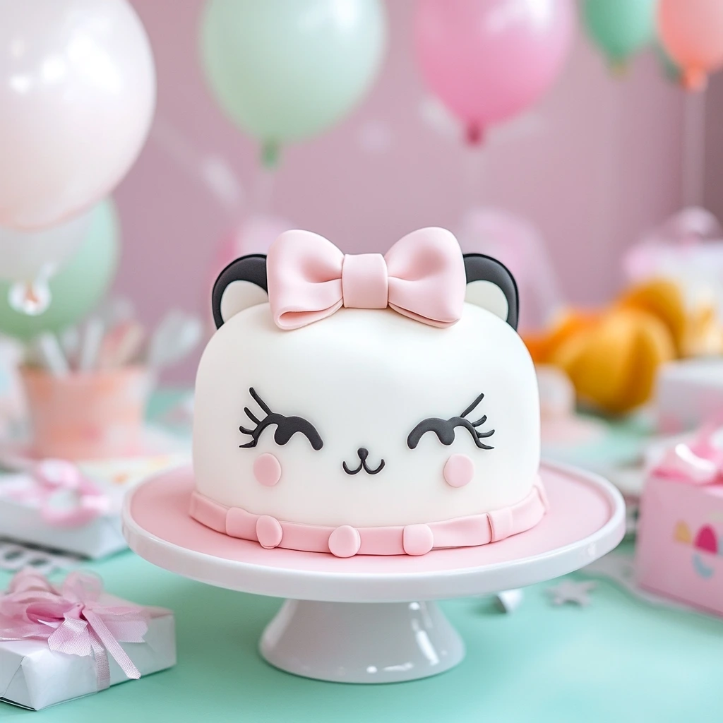 A beautifully decorated Hello Kitty cake with white fondant and a pink bow