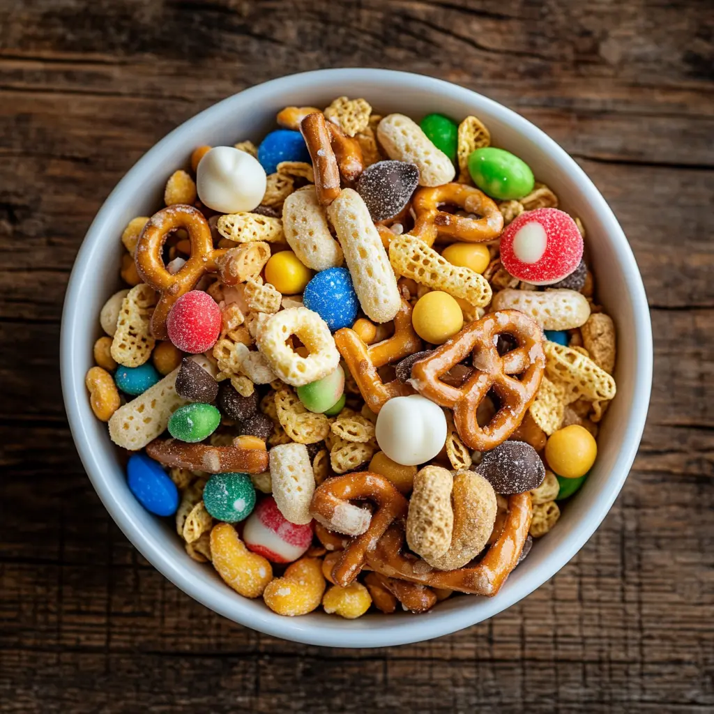 A colorful bowl of White Trash snack mix with pretzels, cereals, and M&Ms.
