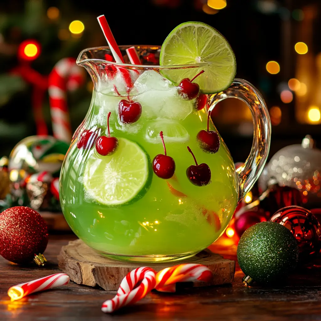 A vibrant green Grinch pitcher surrounded by holiday decorations