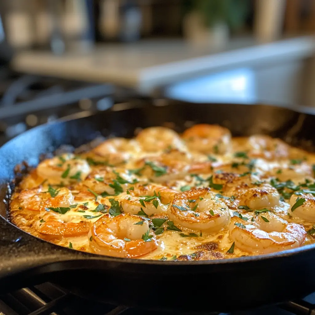A skillet of shrimp cooking in a buttery sauce