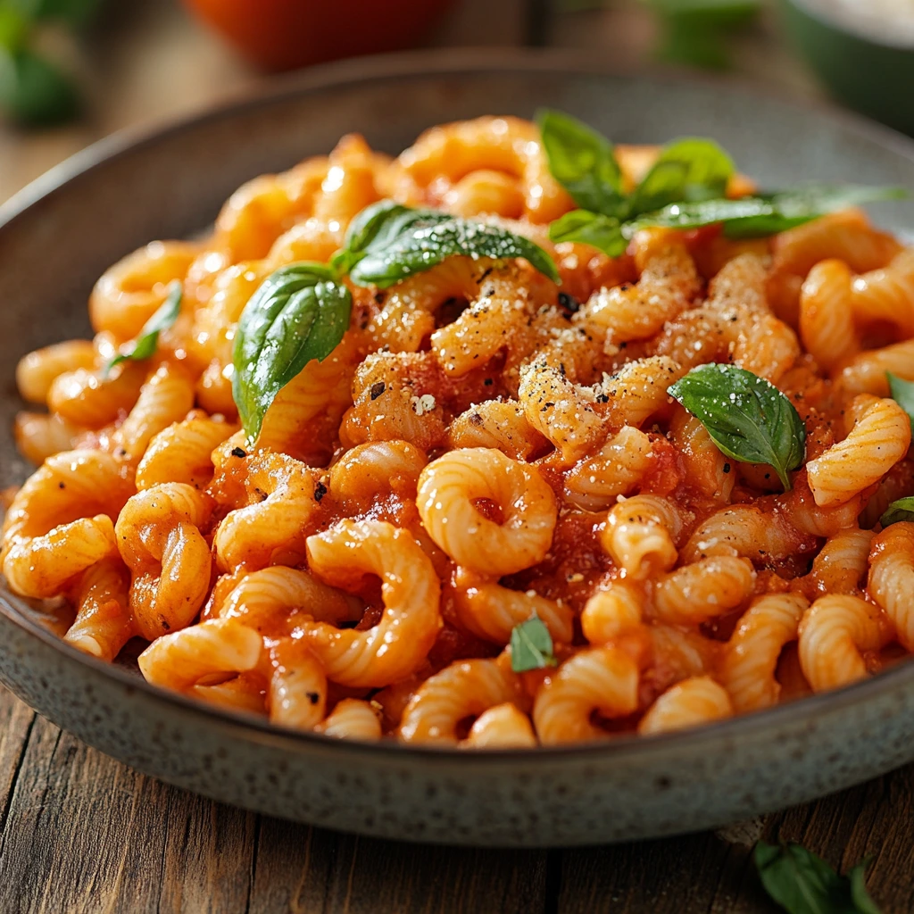 A plate of cooked cavatappi pasta with tomato sauce and fresh basil