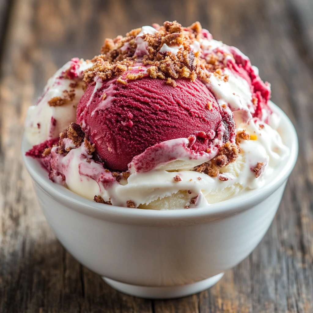 A creamy scoop of red velvet ice cream in a bowl with cake crumbles