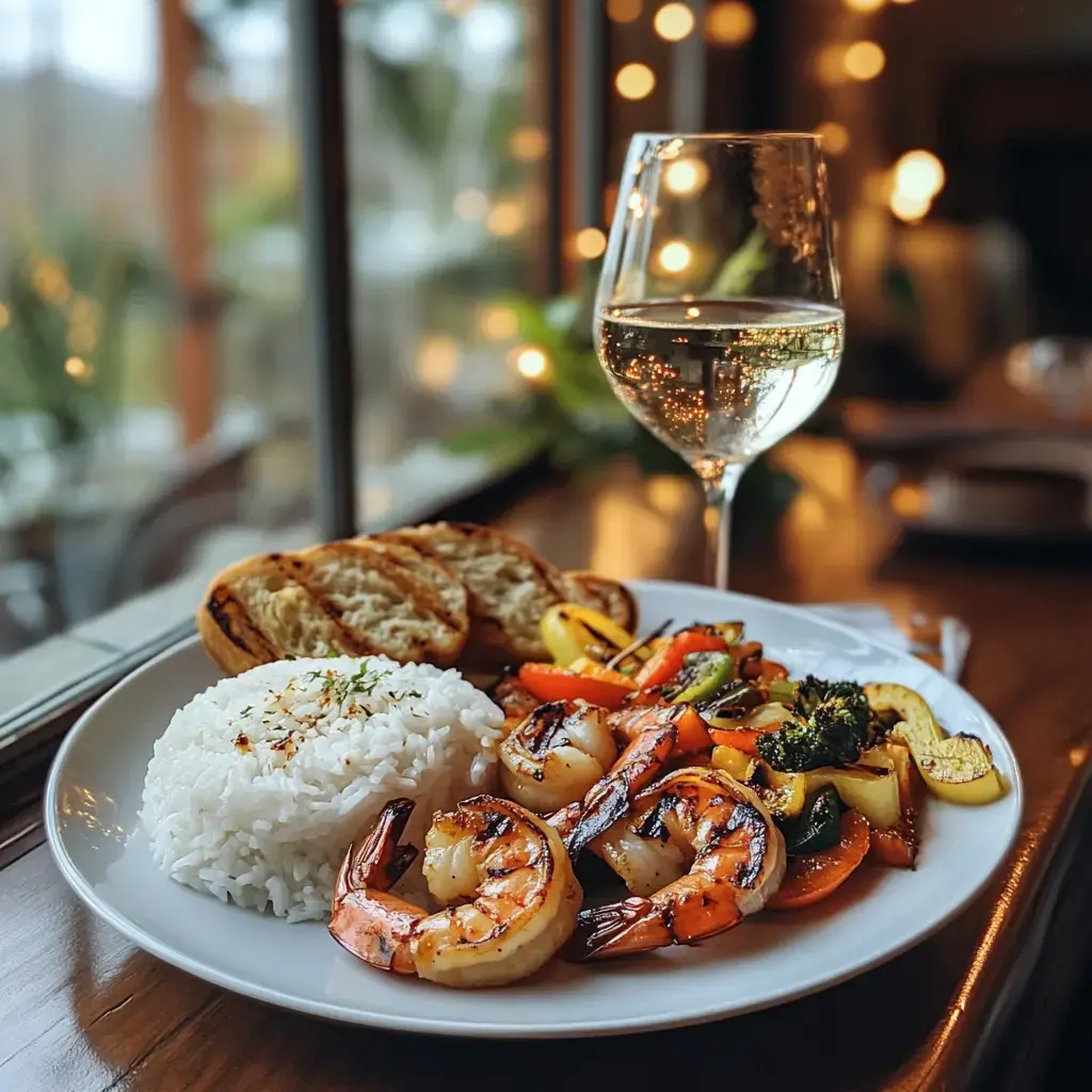 New Orleans Barbecue Shrimp with side dishes and drinks