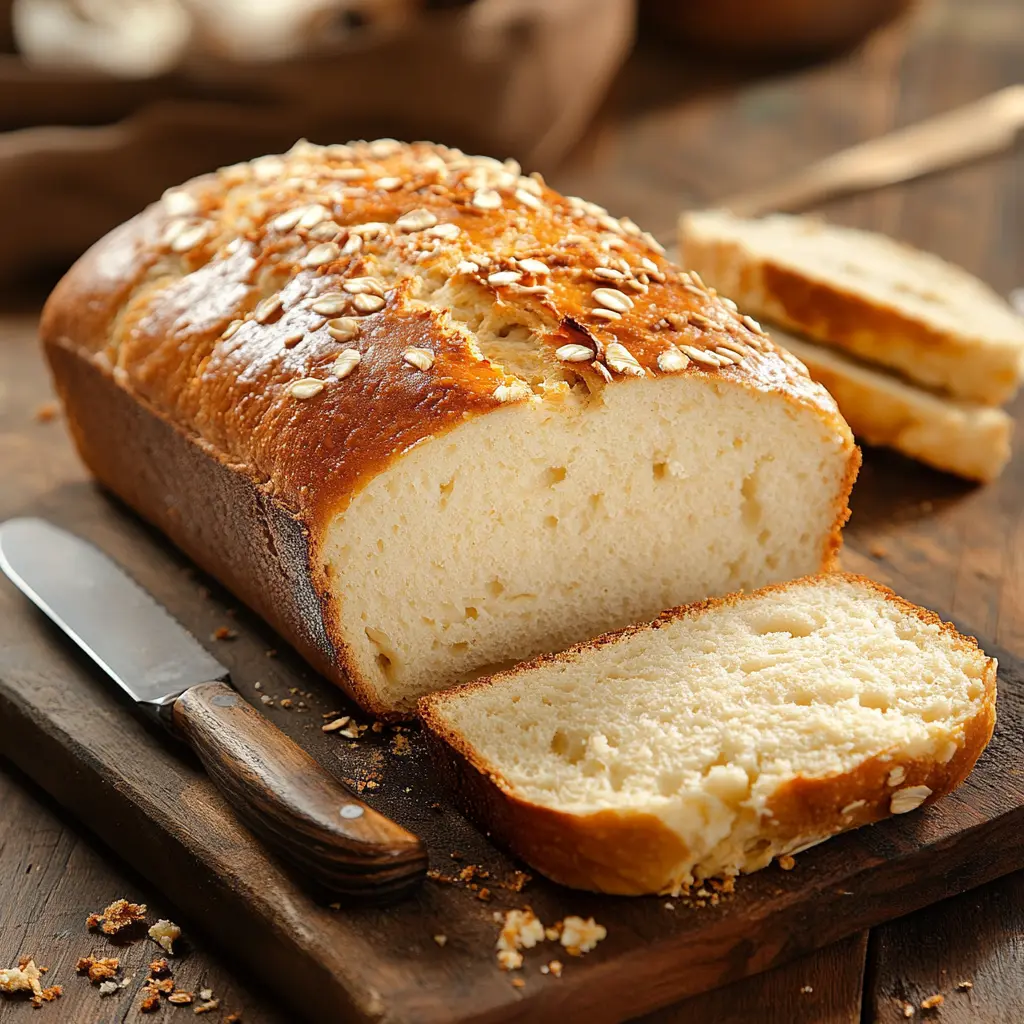 Freshly baked cottage cheese bread on a wooden board with a slice cut to show the texture.
