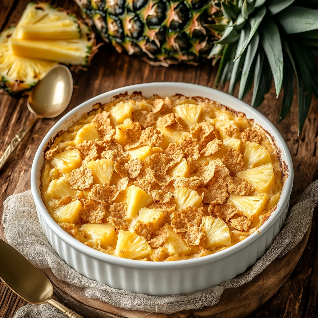 A freshly baked pineapple casserole with a golden cracker topping