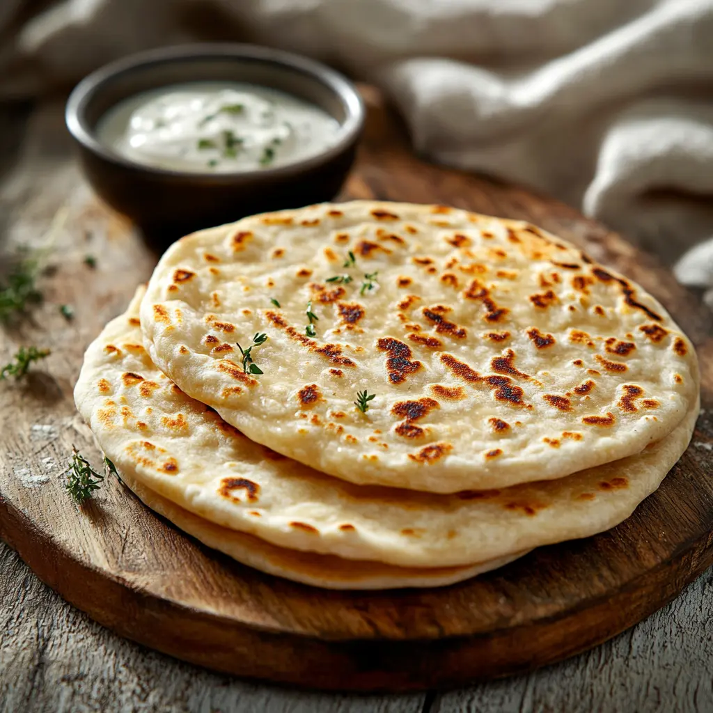 Freshly cooked cottage cheese flatbread on a wooden board with a crispy, golden crust