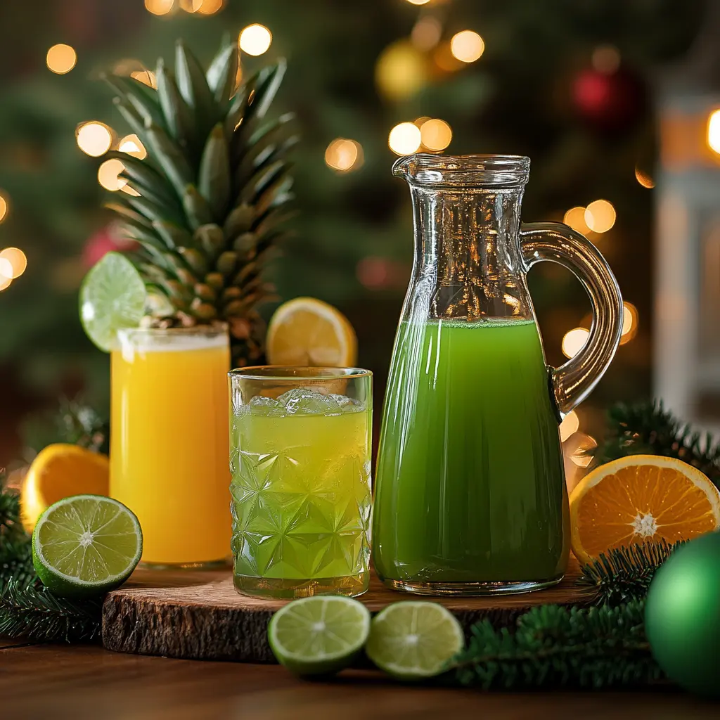 Green liqueur, pineapple juice, orange juice, and soda displayed on a festive countertop