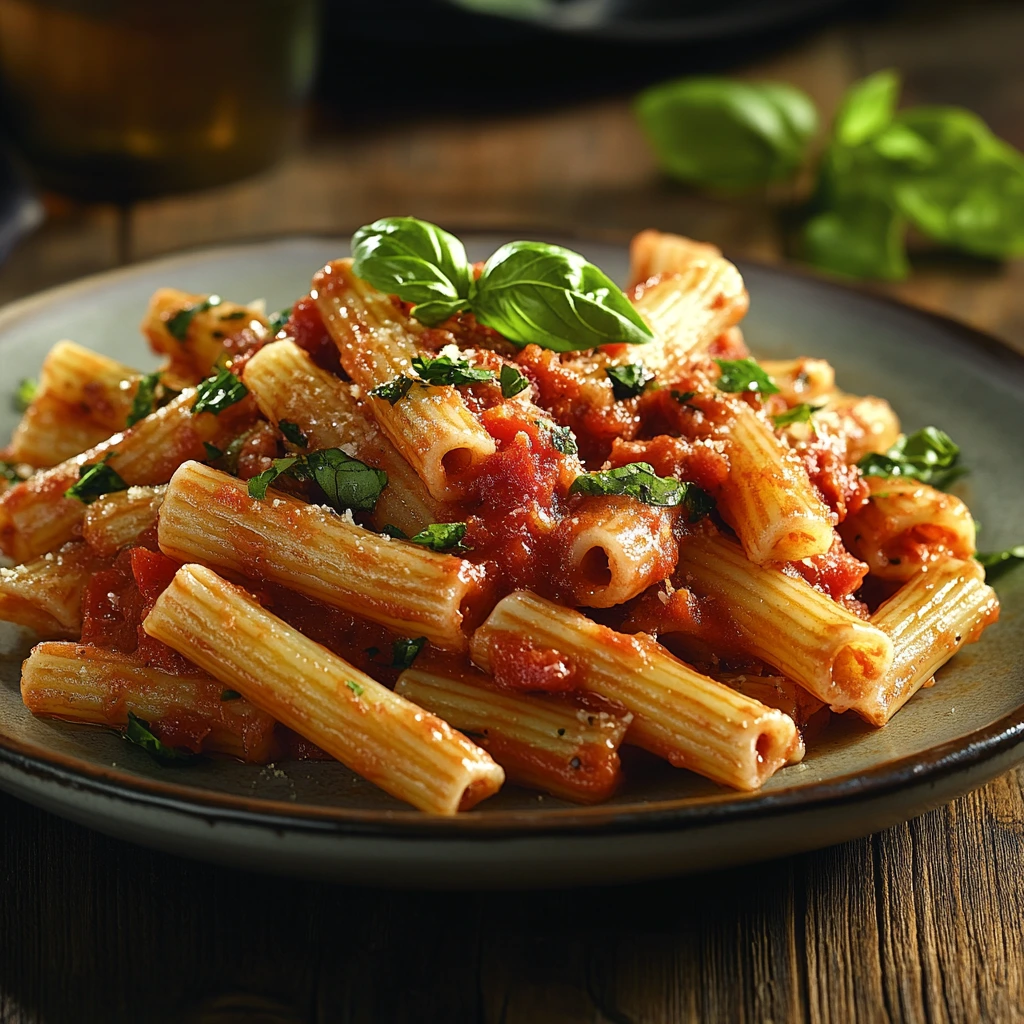 A plate of gluten-free pasta with marinara sauce and fresh basil.