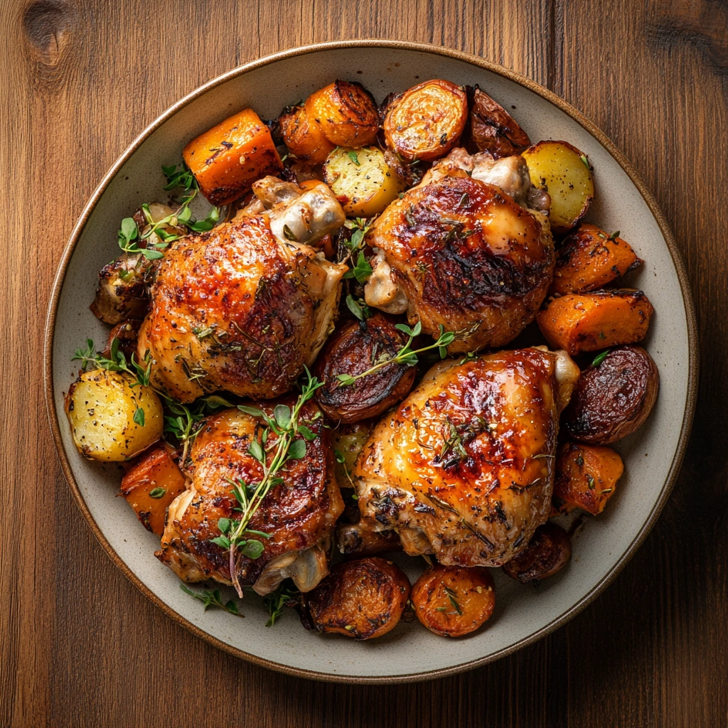 A plate of rotisserie chicken pieces with vegetables and herbs