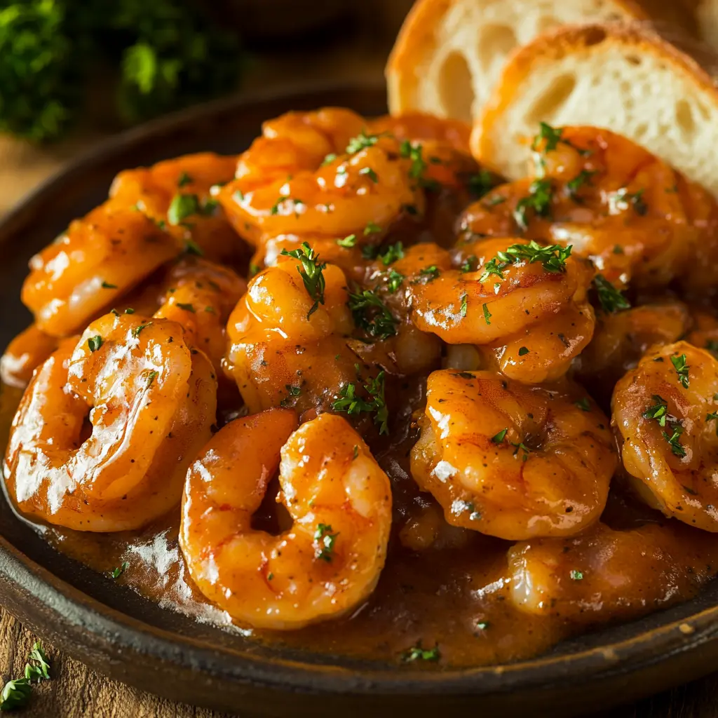 Plate of New Orleans Barbecue Shrimp with French bread