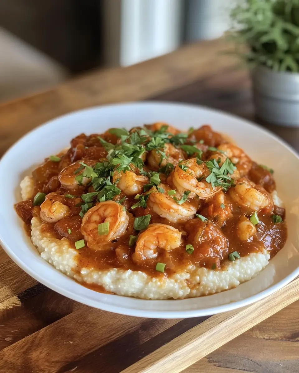 A bowl of creamy grits topped with spicy New Orleans shrimp and sauce, garnished with parsley