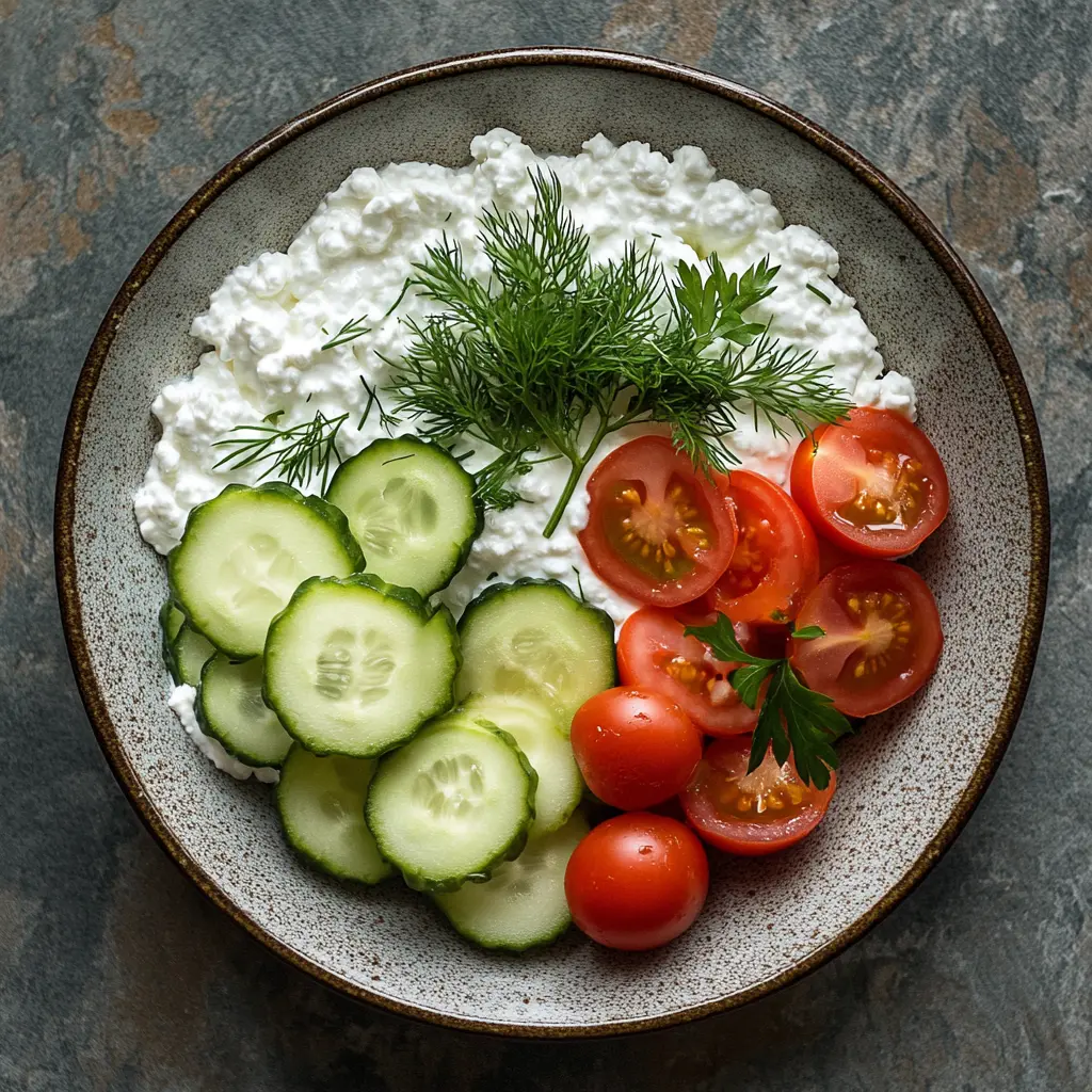 Cottage cheese with cucumber and tomato slices