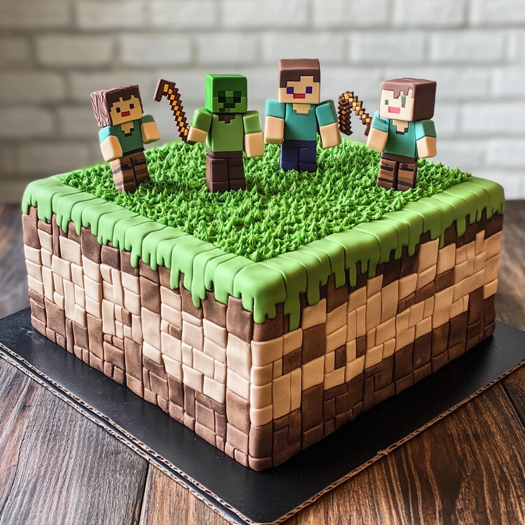 A beautifully decorated Minecraft cake with grass block design and edible toppers.