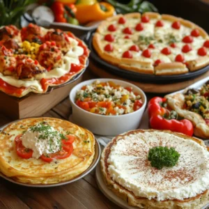 A variety of cottage cheese dishes displayed on a table, including pancakes, stuffed peppers, and cheesecake