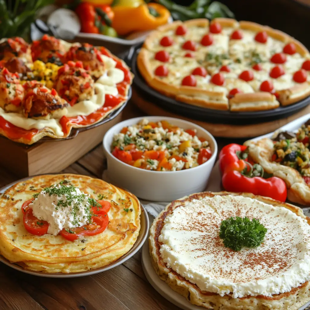 A variety of cottage cheese dishes displayed on a table, including pancakes, stuffed peppers, and cheesecake