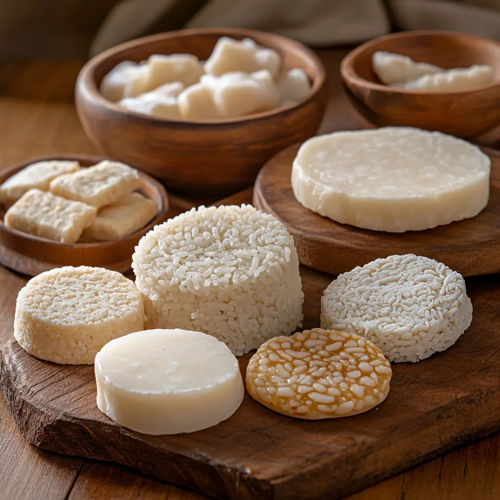 A variety of rice cakes arranged on a wooden table