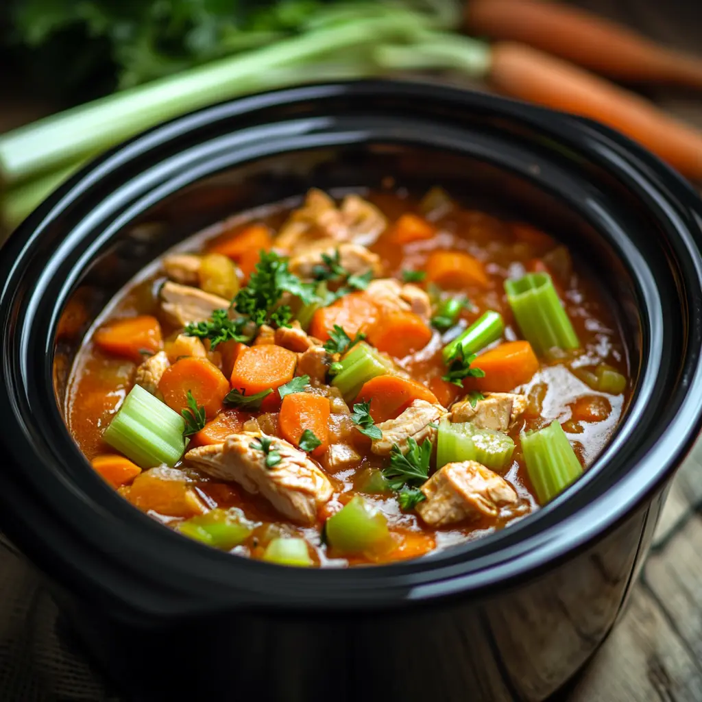 A crockpot with hearty stew inside, surrounded by fresh ingredients.