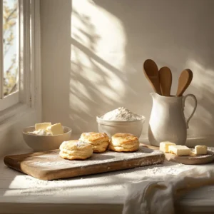 Freshly baked golden biscuits on a cutting board with baking tools