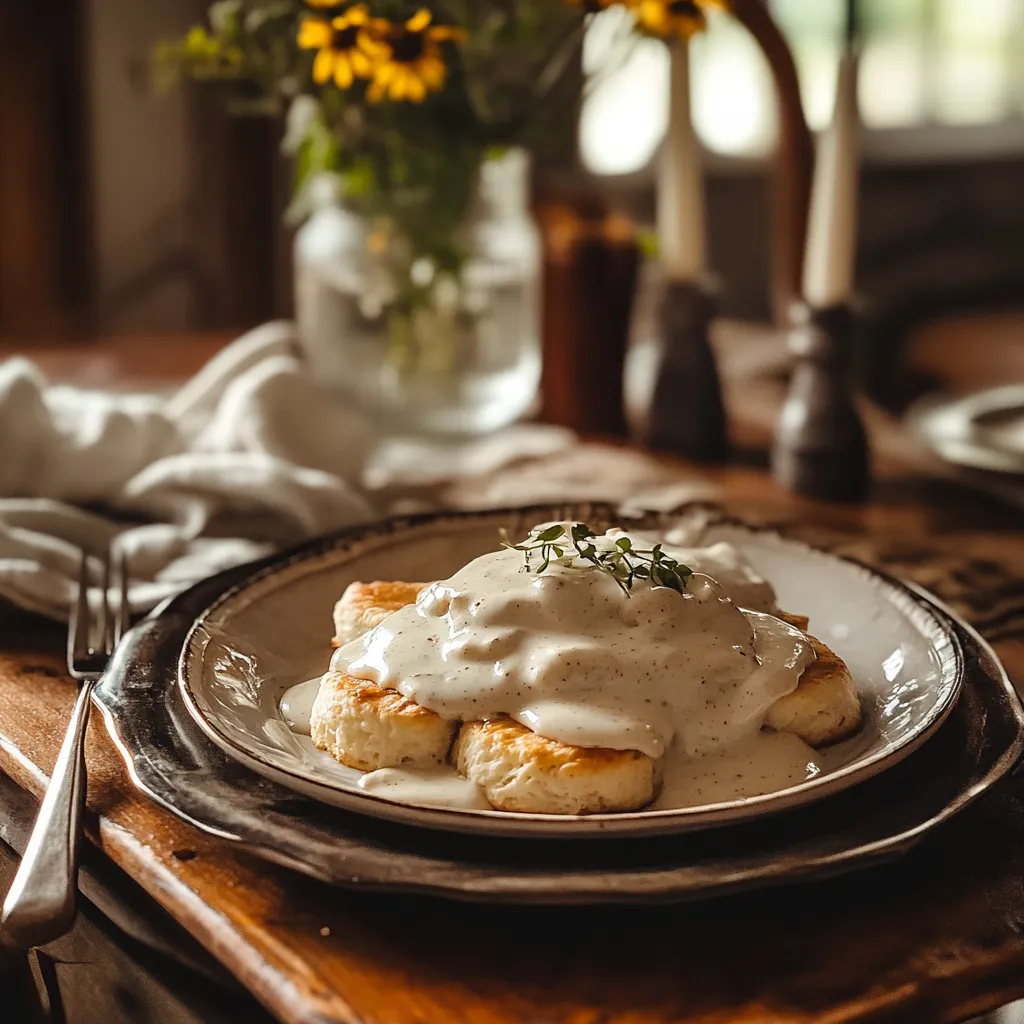 Biscuits topped with creamy white gravy on a rustic table