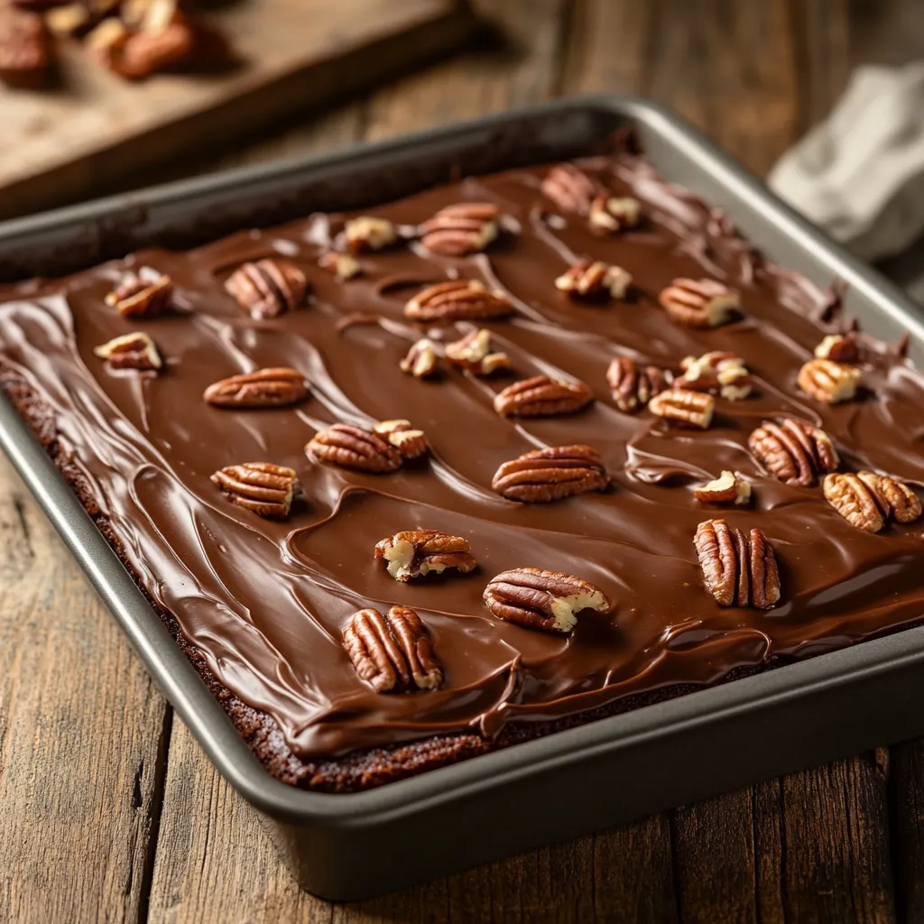 Texas Sheet Cake with chocolate icing and pecans on a wooden table.