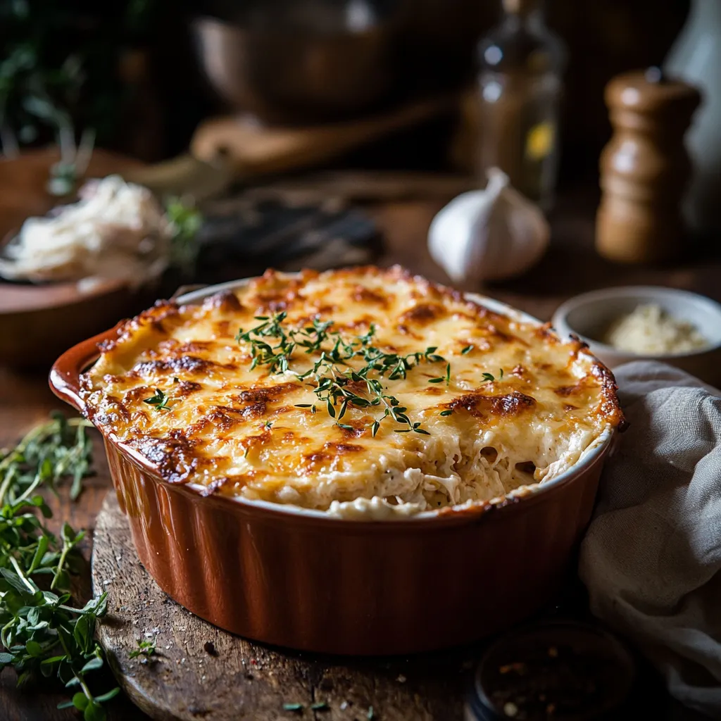 A golden brown million dollar chicken casserole fresh from the oven.