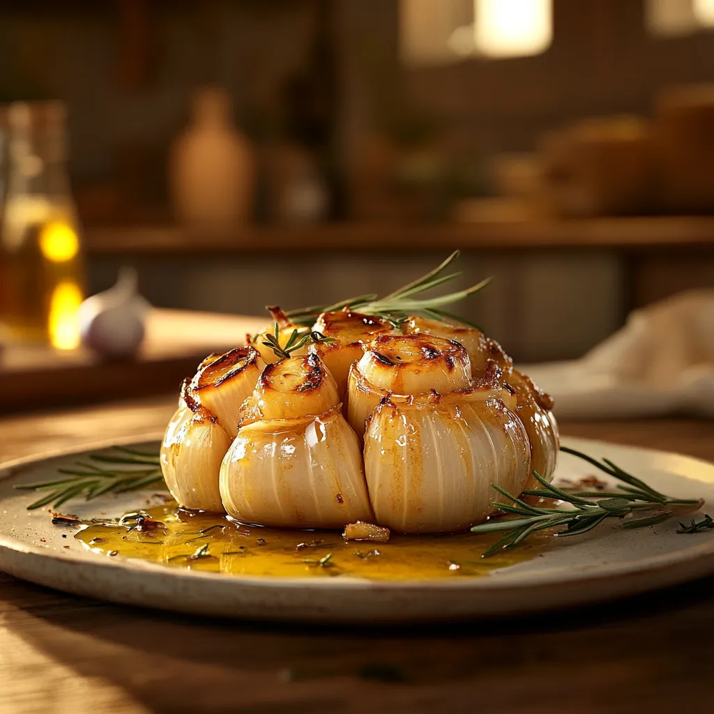 Caramelized roasted garlic bulb with rosemary and olive oil