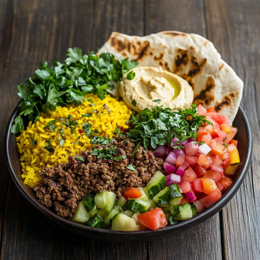 Mediterranean lamb bowl with ground lamb, turmeric rice, and fresh vegetables