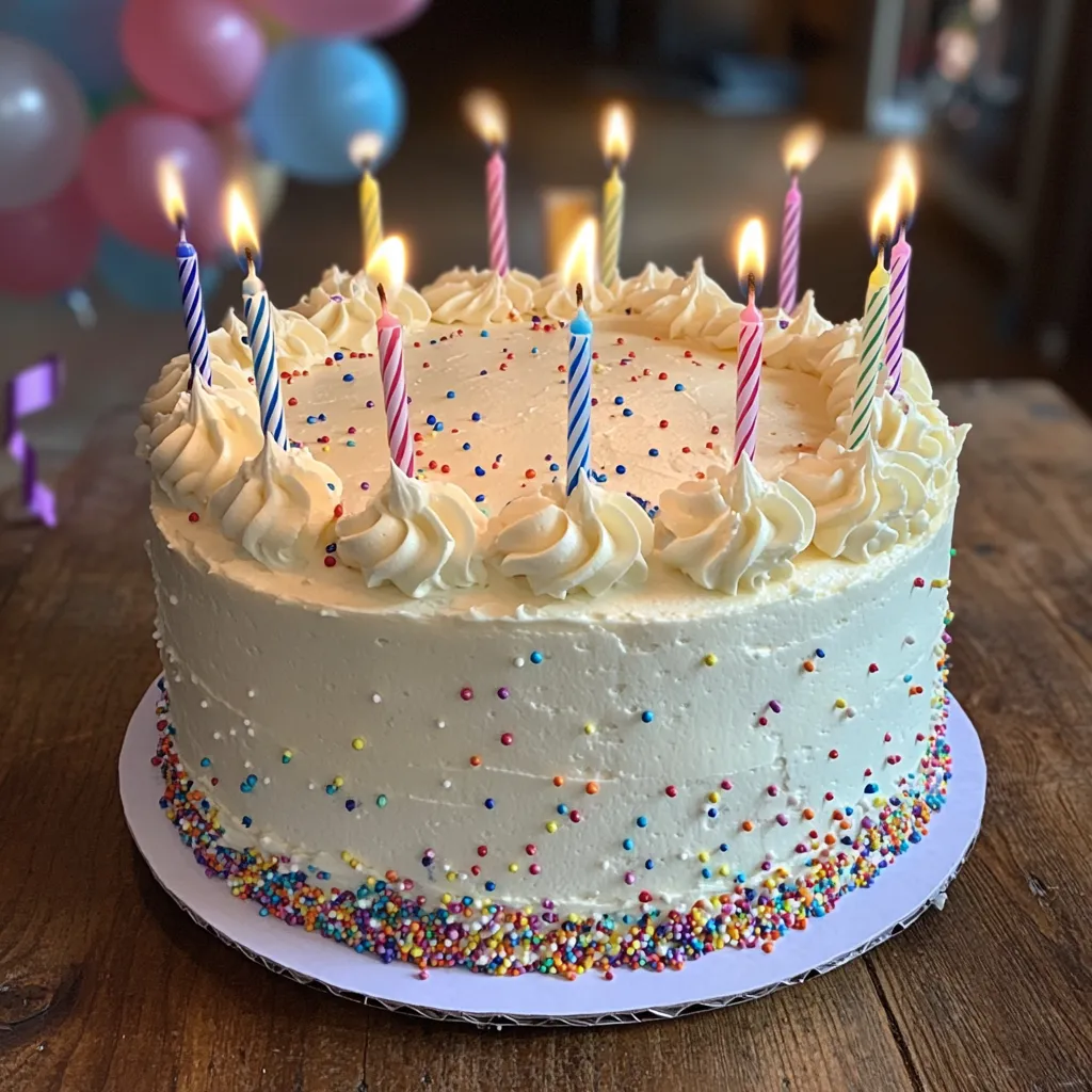 A classic birthday cake with sprinkles and candles