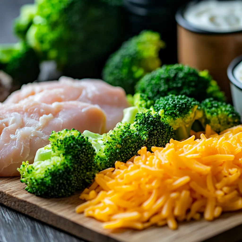 ngredients for chicken broccoli rice casserole: chicken, broccoli, rice, cheddar cheese, and cream.
