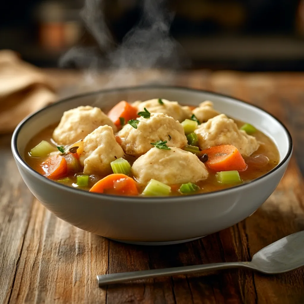 A bowl of chicken stew with fluffy Bisquick dumplings on a rustic table.