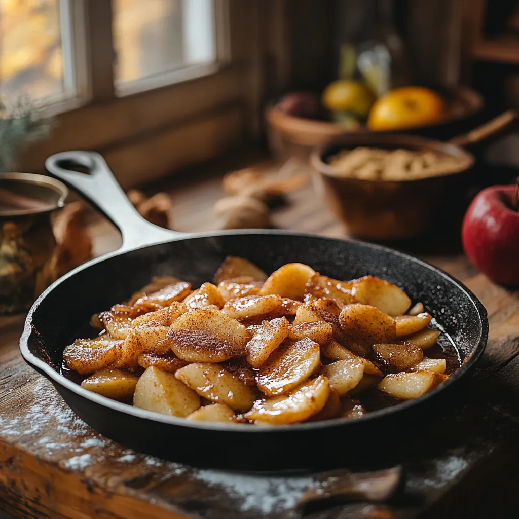 Cast-iron skillet of caramelized fried apples with cinnamon
