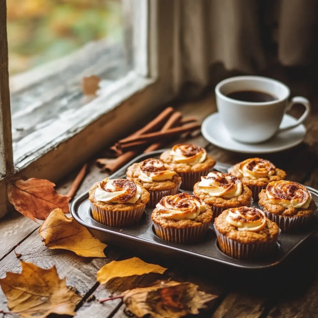 Freshly baked pumpkin cream cheese muffins on a rustic table with autumn decor.