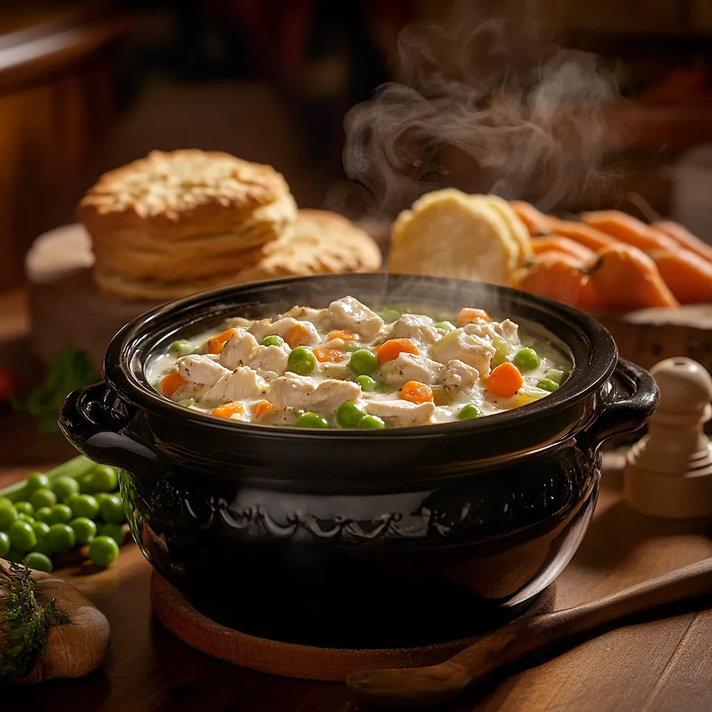 Crockpot chicken pot pie with creamy filling and biscuits