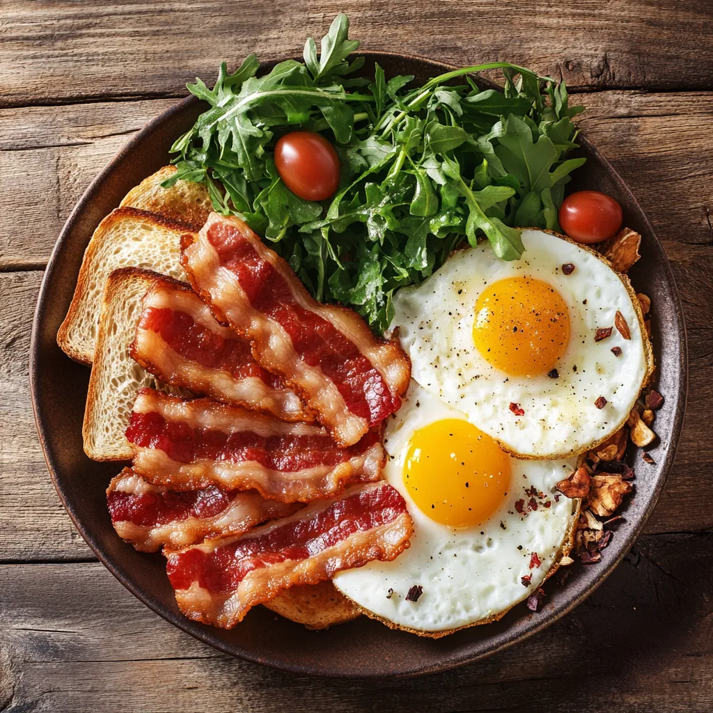 Plate of beef bacon, eggs, and toast.