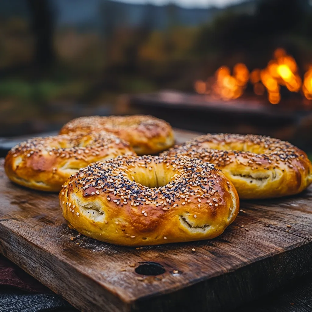 A batch of freshly baked sourdough bagels with seeds on a wooden board