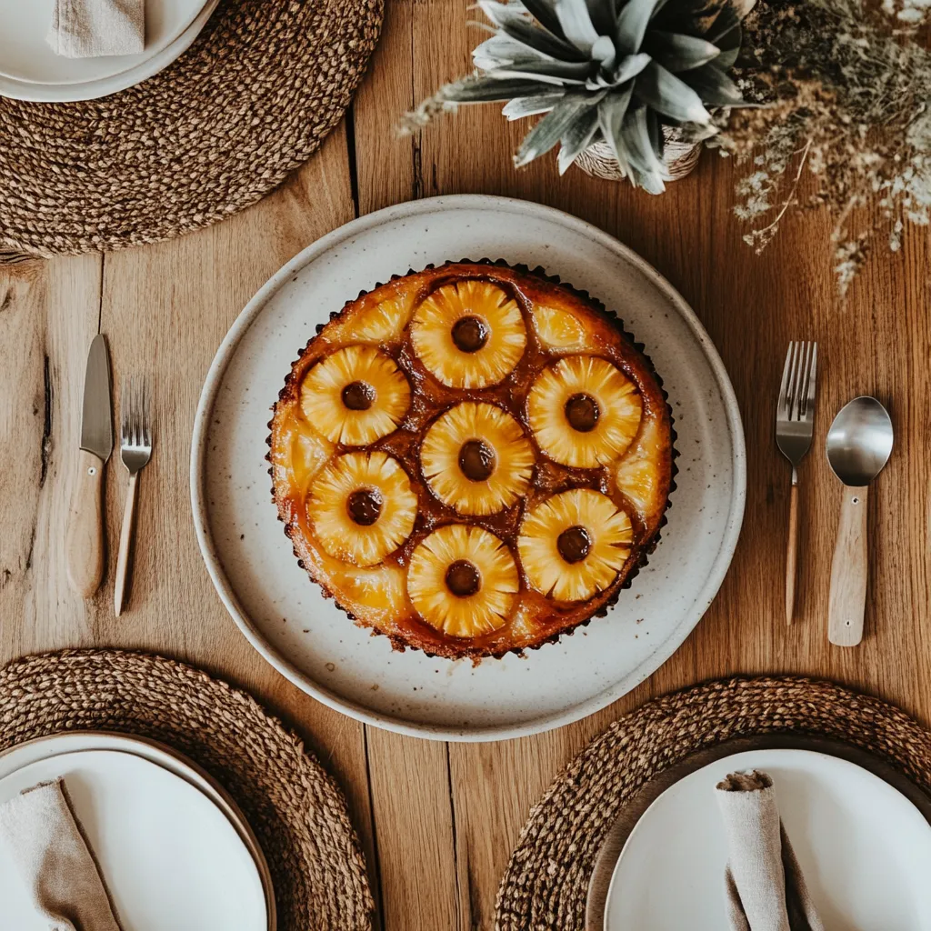Pineapple upside-down cake with caramelized pineapple rings.