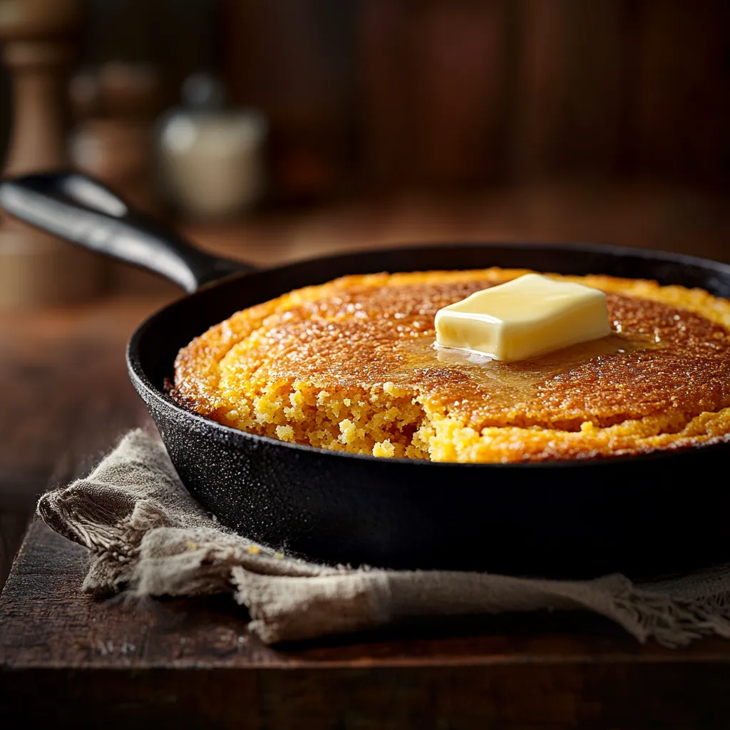 Golden cornbread in a cast-iron skillet with butter