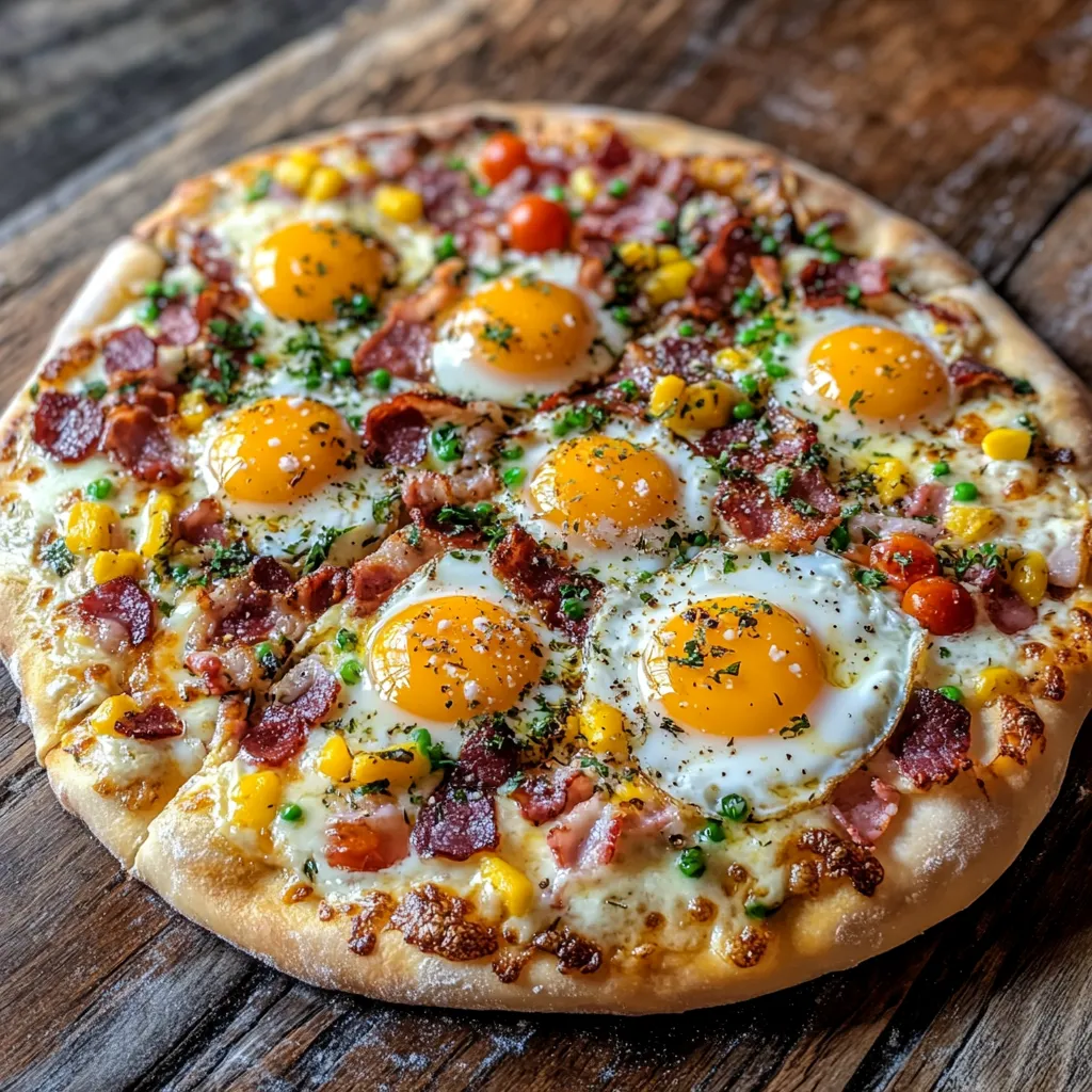 Golden breakfast pizza with bacon, eggs, and veggies on a rustic table.