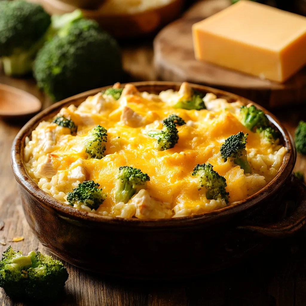 Golden chicken broccoli rice casserole in a rustic baking dish.