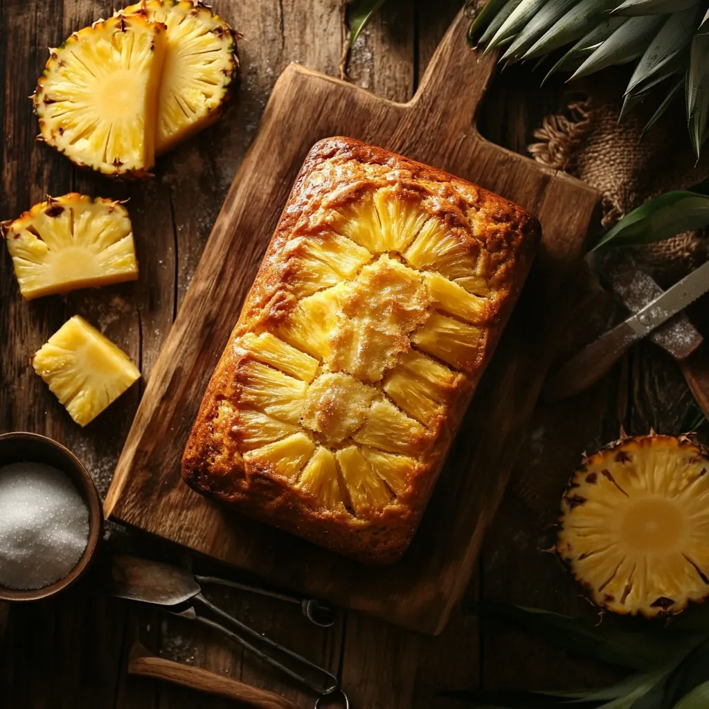 Golden pineapple bread surrounded by fresh pineapple slices and baking tools