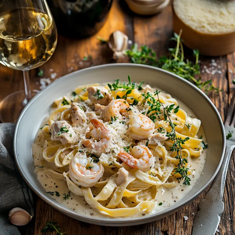 A beautifully plated chicken and shrimp dish with pasta and fresh herbs