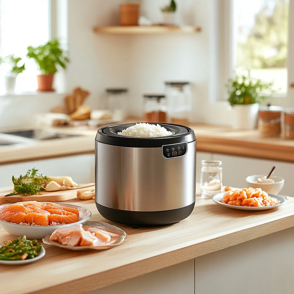 Modern rice cooker with a variety of cooked dishes on a wooden countertop