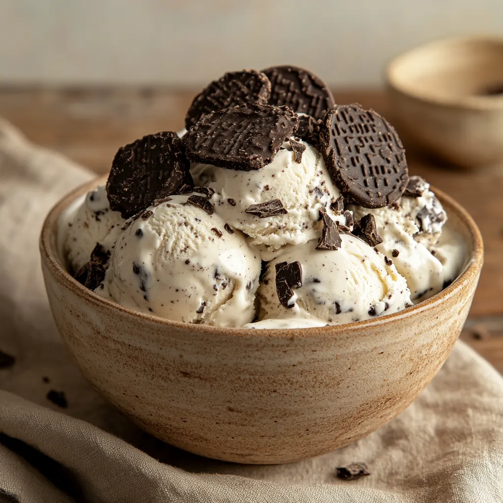 Bowl of cookies and cream ice cream with crushed cookies on top
