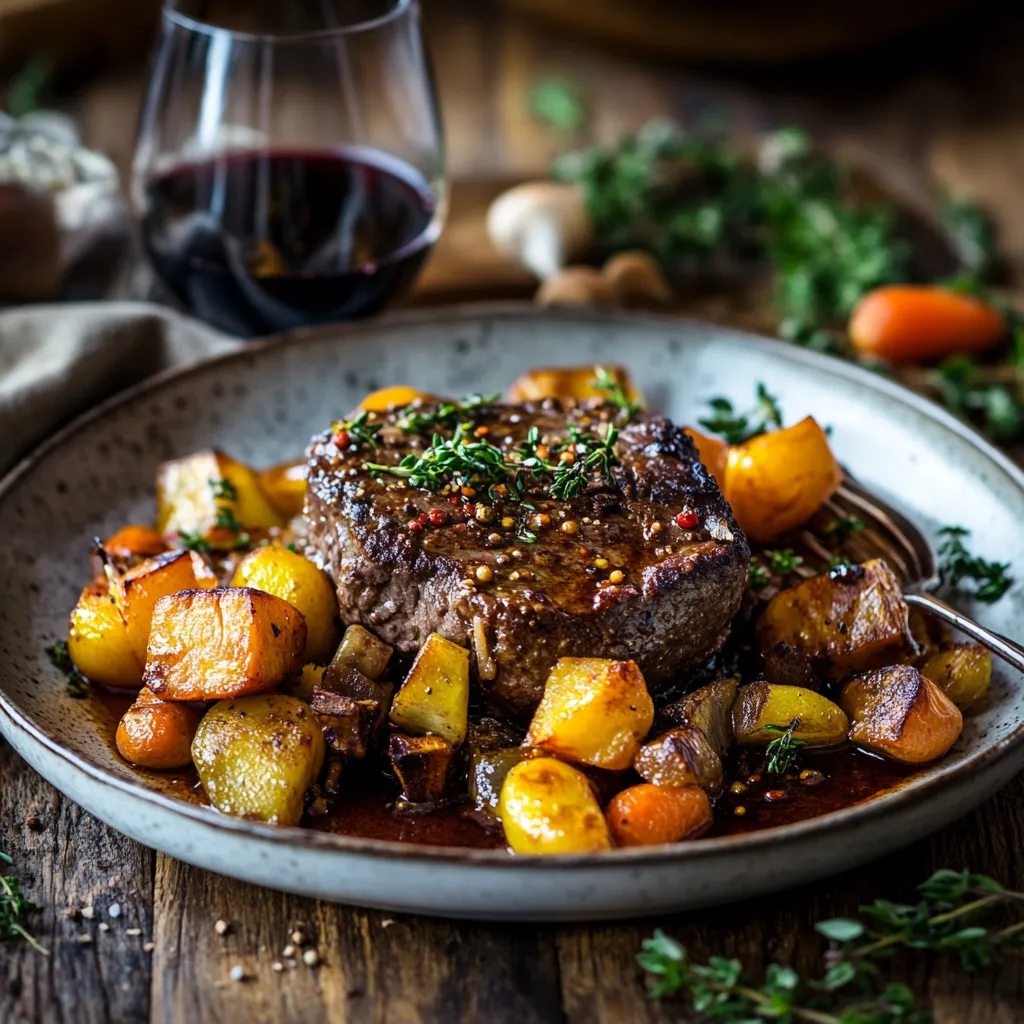 Braised chuck steak with roasted vegetables on a rustic table.
