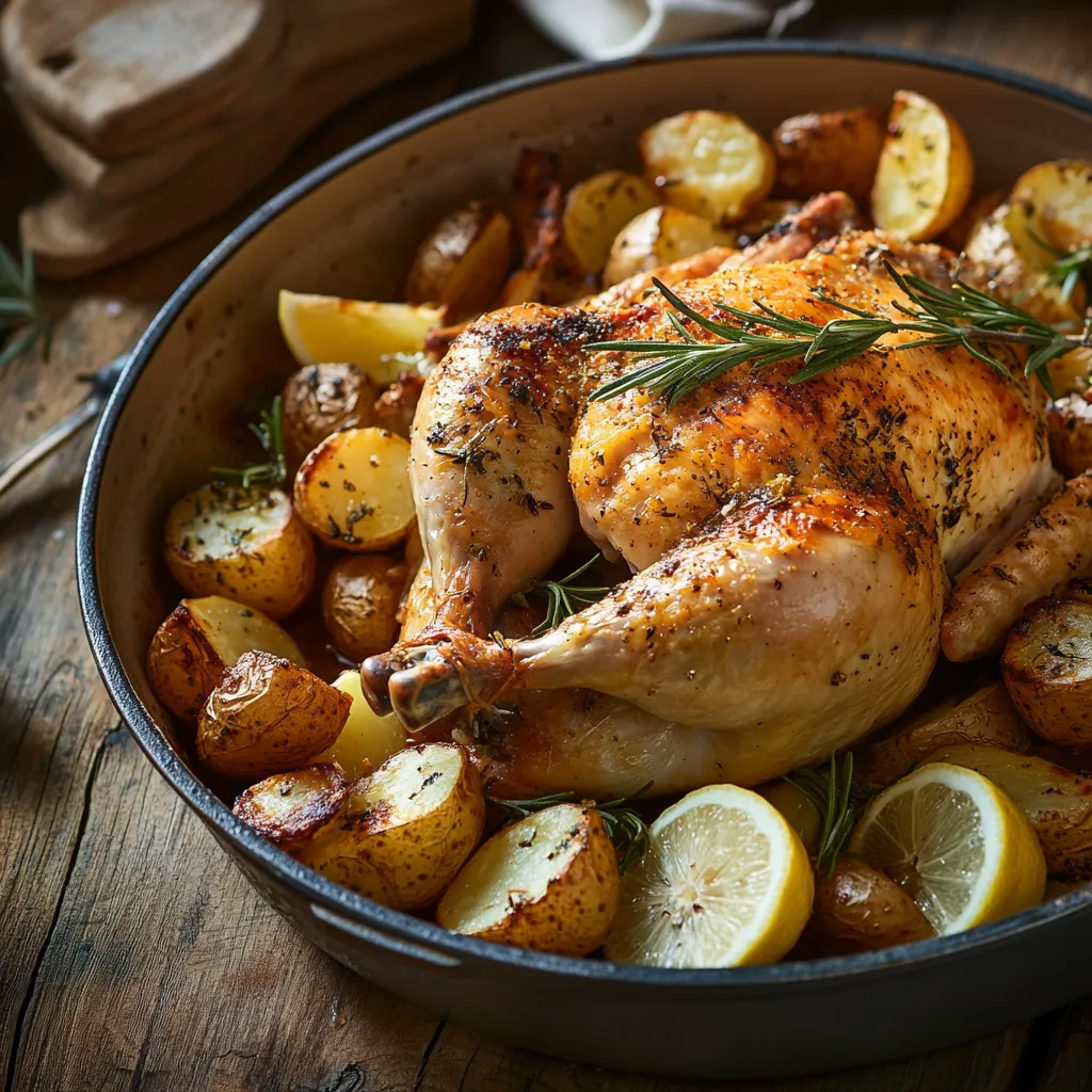 Roasted chicken with golden potatoes and fresh rosemary
