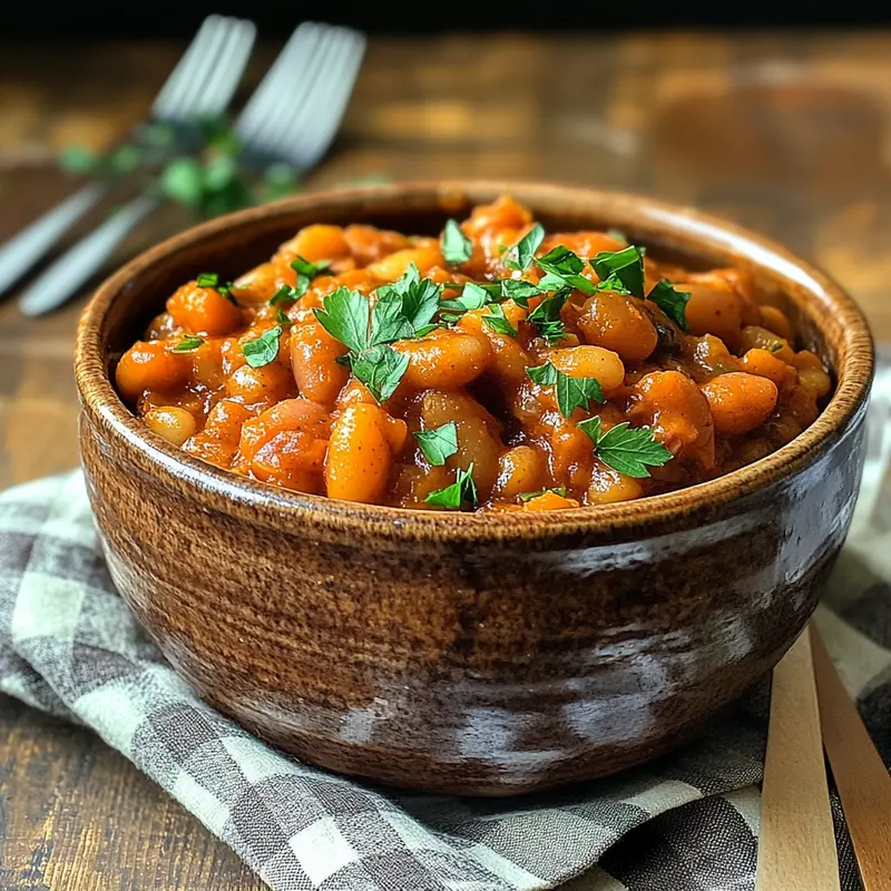 A rustic bowl of baked beans garnished with parsley, served on a wooden table