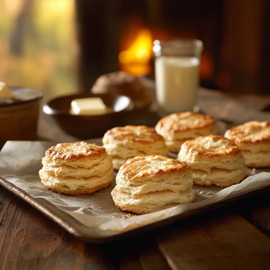 Golden-brown biscuits fresh from the oven on a tray.