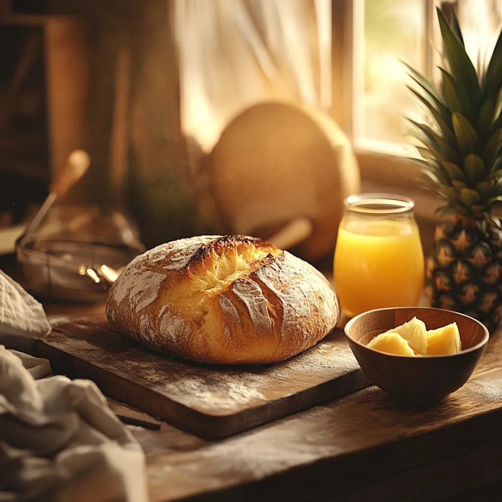 Freshly baked bread next to a bowl of pineapple juice on a rustic wooden table