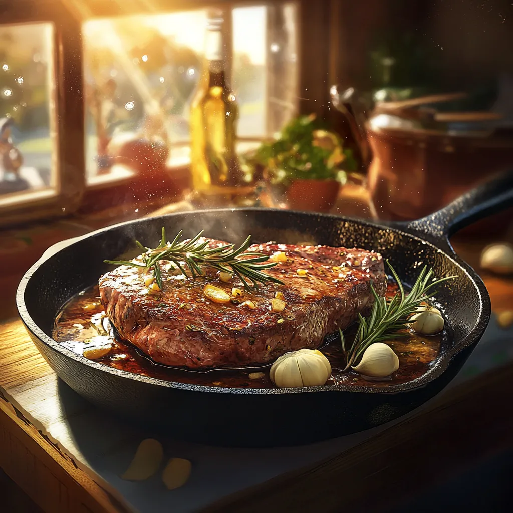 Pan-seared chuck steak with garlic and rosemary on a cast iron skillet
