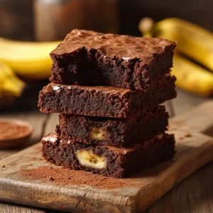 A stack of fudgy banana brownies with a rich chocolatey texture.